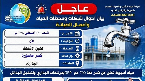 انقطاع المياه بالبداري في أسيوط بسبب كسر خط رئيسي