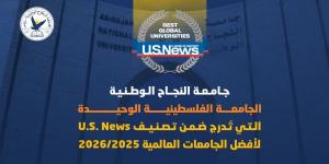 جامعة
      النجاح
      الوطنية:
      الجامعة
      الفلسطينية
      الوحيدة
      في
      تصنيف
      U.S.
      News
      لأفضل
      الجامعات
      العالمية
      2025/2026