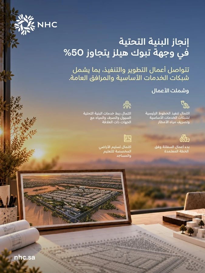‏NHC تنجز أكثر من 50% من أعمال البنية التحتية في وجهة تبوك هيلز